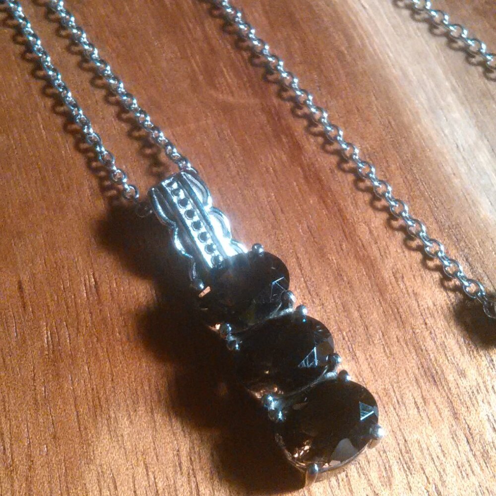 Brazilian Smokey Quartz Three Stone Stainless Steel Pendant Necklace - Picture 7 of 14